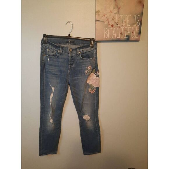 7 For All Mankind size 25 Distressed Embroidered Flowers Denim Jeans - Picture 1 of 5